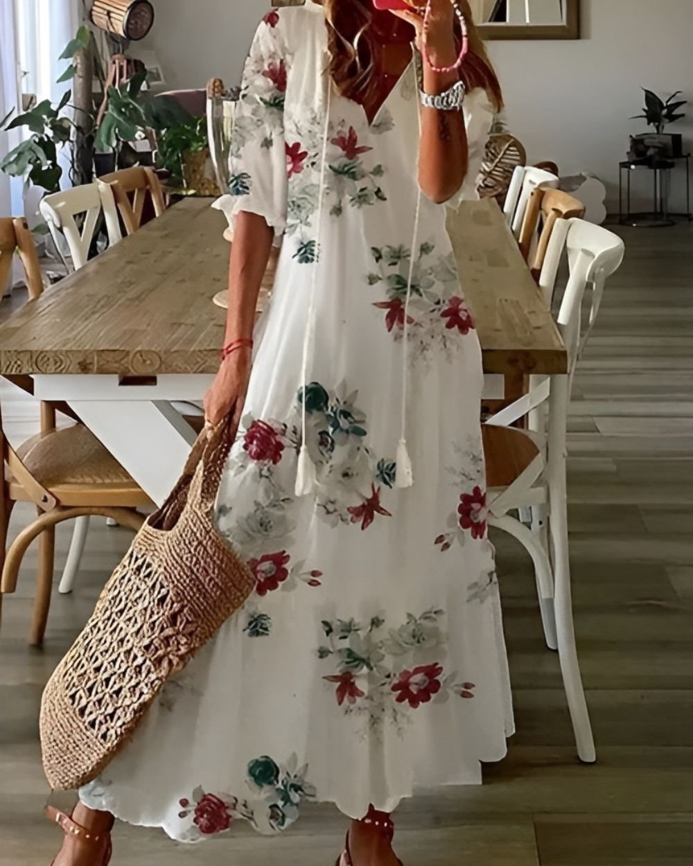 Boho Maxi Dress Short Sleeve Tassel Detail Flowing - White 3