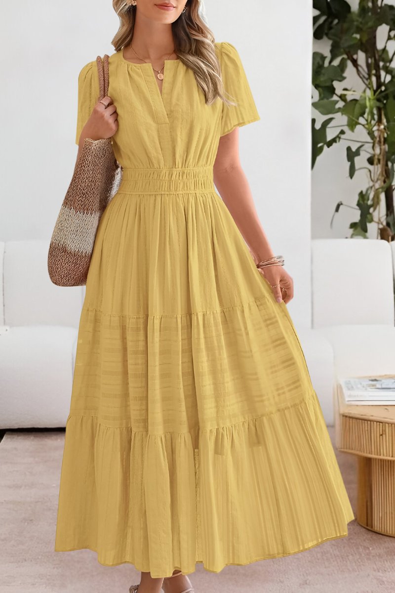 Boho Maxi Dress Short Sleeve Tiered Summer - Yellow