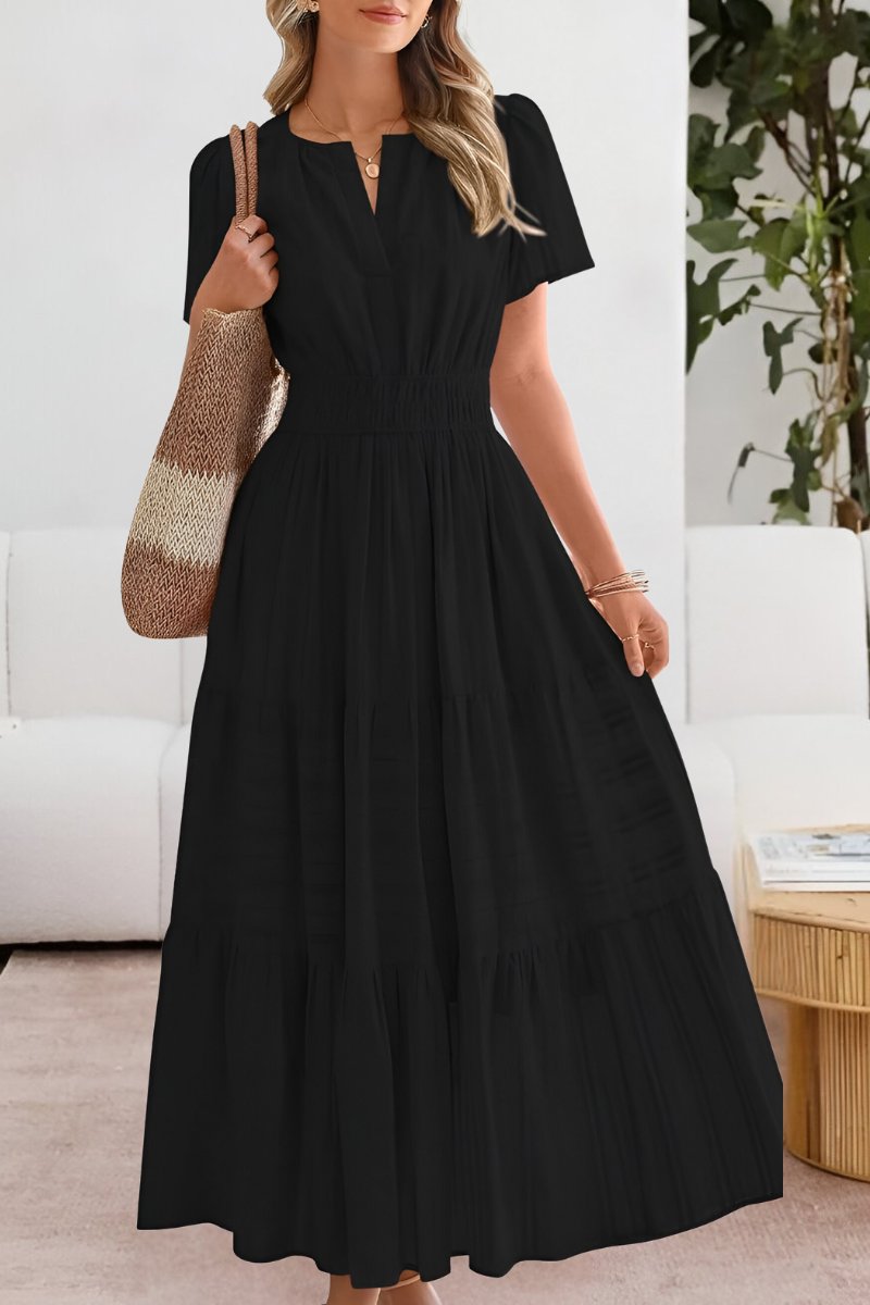 Boho Maxi Dress Short Sleeve Tiered Summer - Black