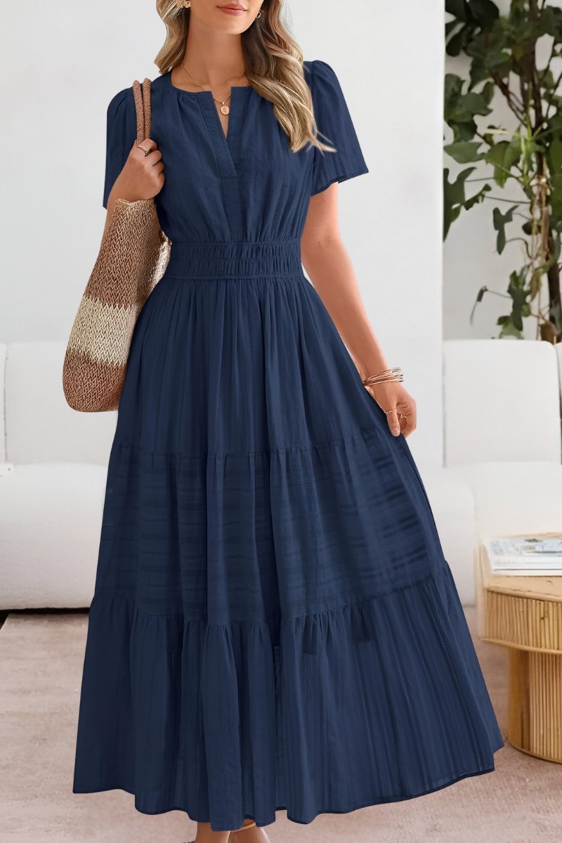 Boho Maxi Dress Short Sleeve Tiered Summer - Navy Blue