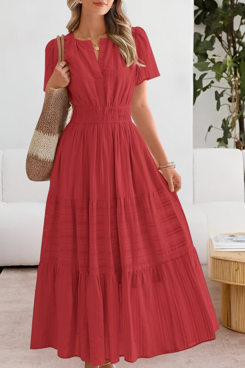 Boho Maxi Dress Short Sleeve Tiered Summer - Red