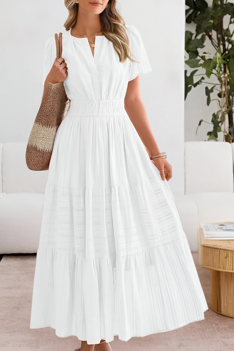 Boho Maxi Dress Short Sleeve Tiered Summer - White