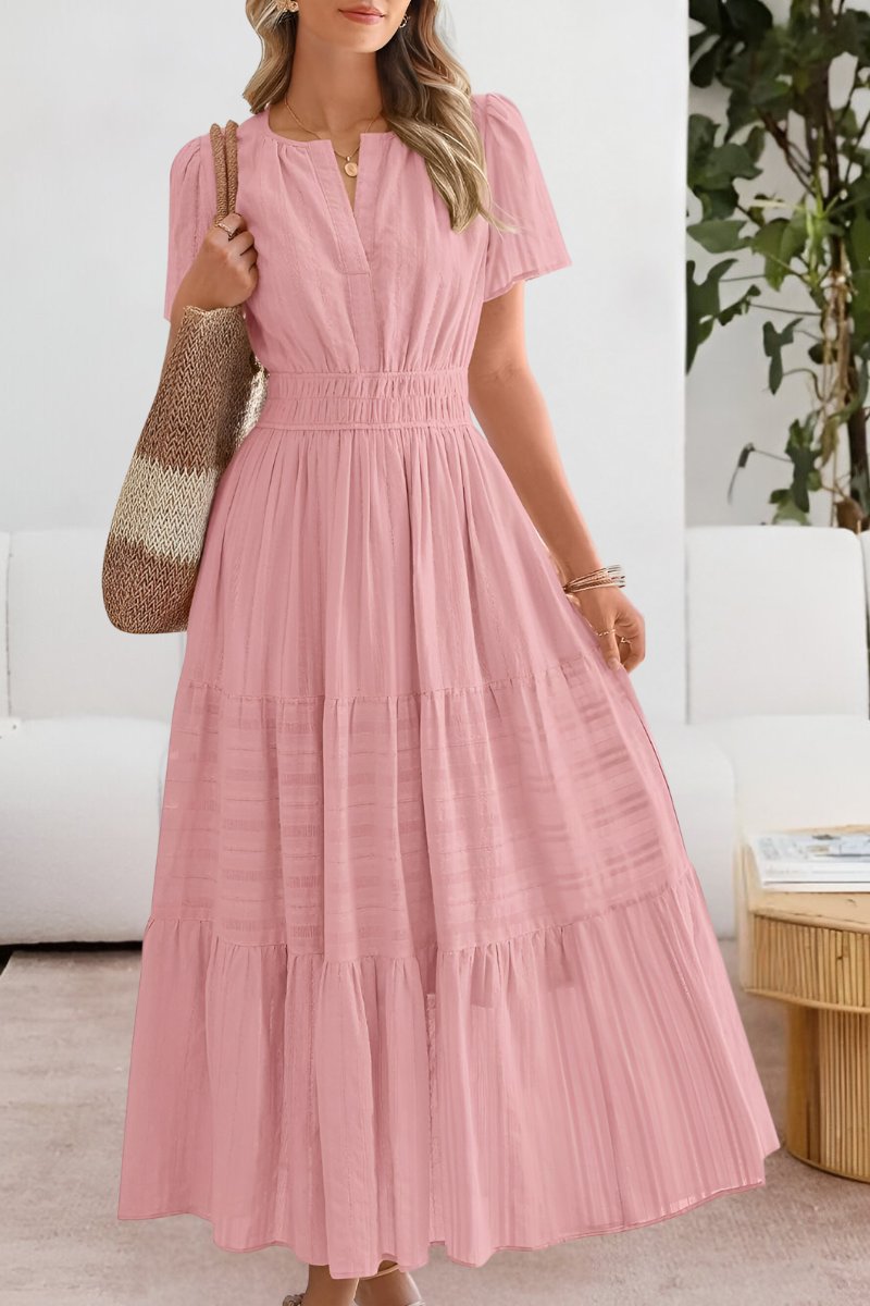 Boho Maxi Dress Short Sleeve Tiered Summer - Pink