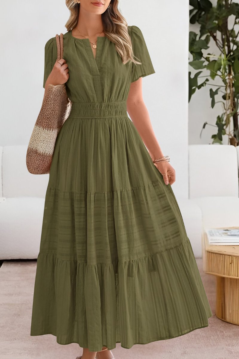 Boho Maxi Dress Short Sleeve Tiered Summer - Green