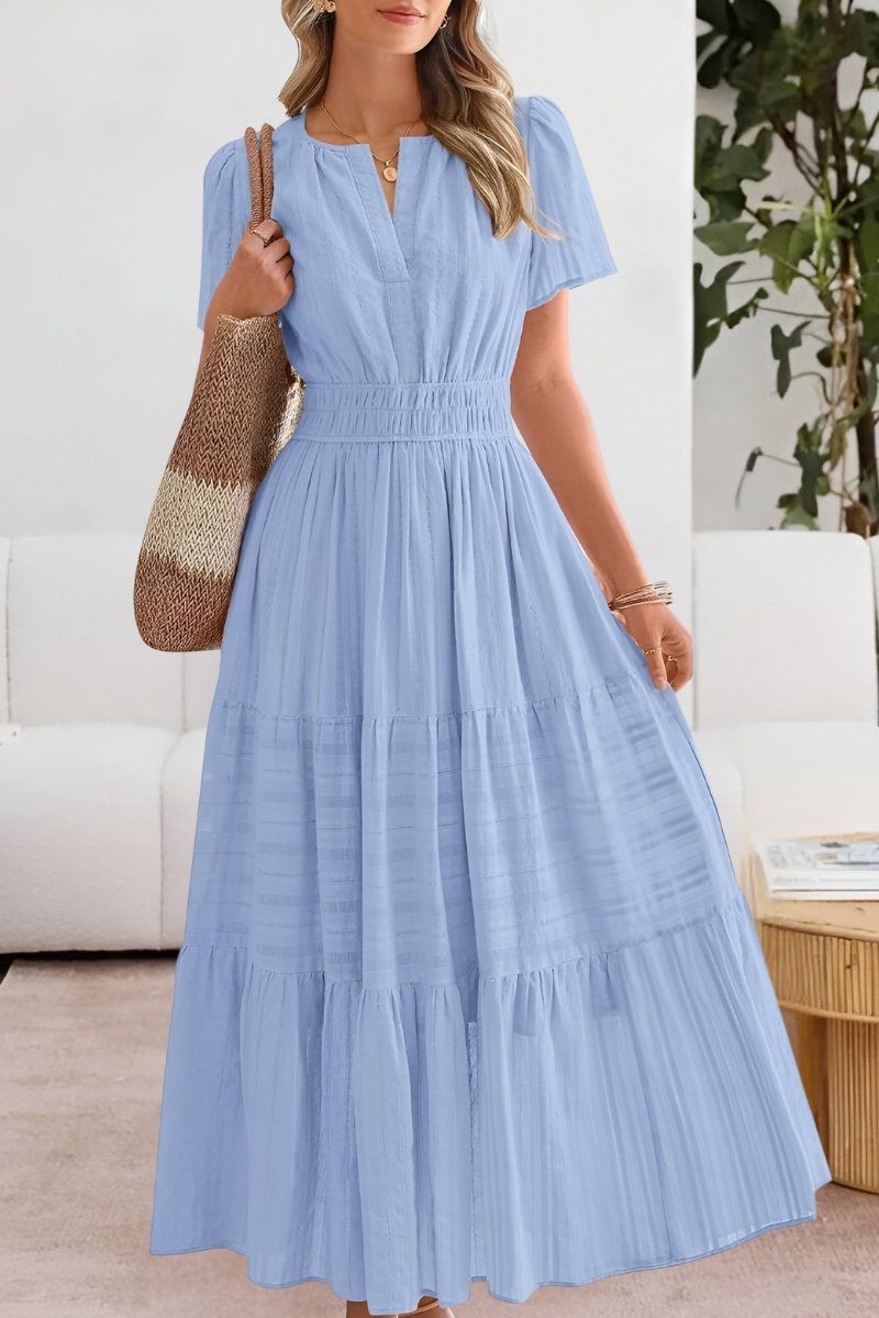 Boho Maxi Dress Short Sleeve Tiered Summer - Blue