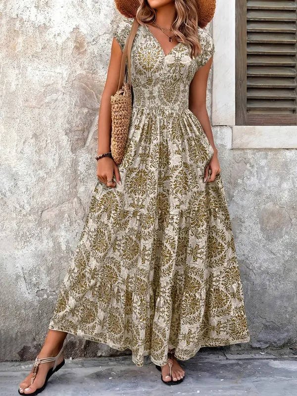 Boho Maxi Dress Smocked Waist Tiered V-Neck Print - Khaki