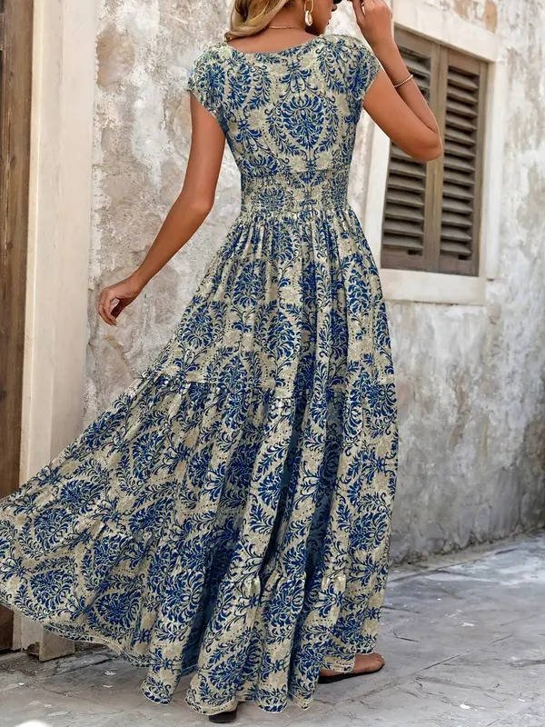 Boho Maxi Dress Smocked Waist Tiered V-Neck Print