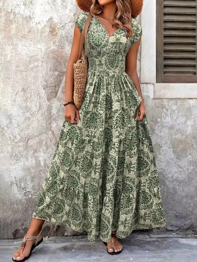 Boho Maxi Dress Smocked Waist Tiered V-Neck Print - Green