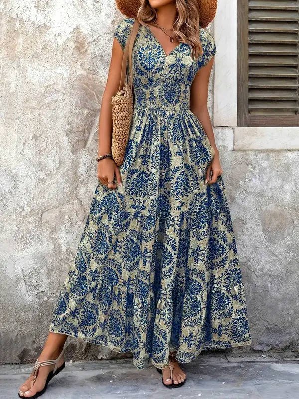 Boho Maxi Dress Smocked Waist Tiered V-Neck Print - Blue