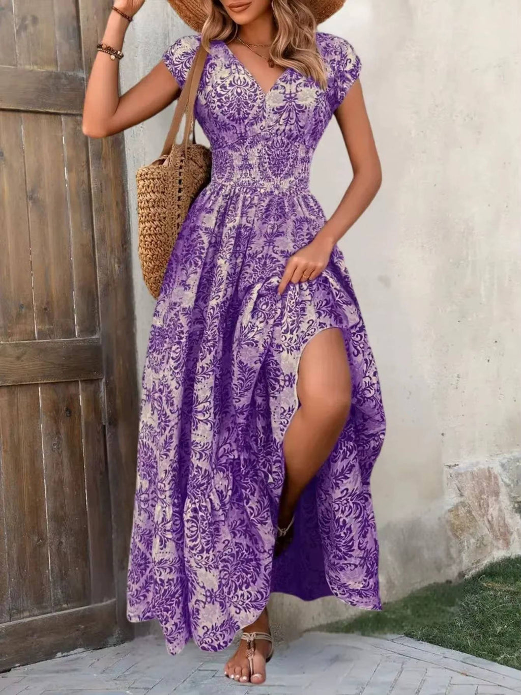 Boho Maxi Dress Smocked Waist Tiered V-Neck Print - Dark violet
