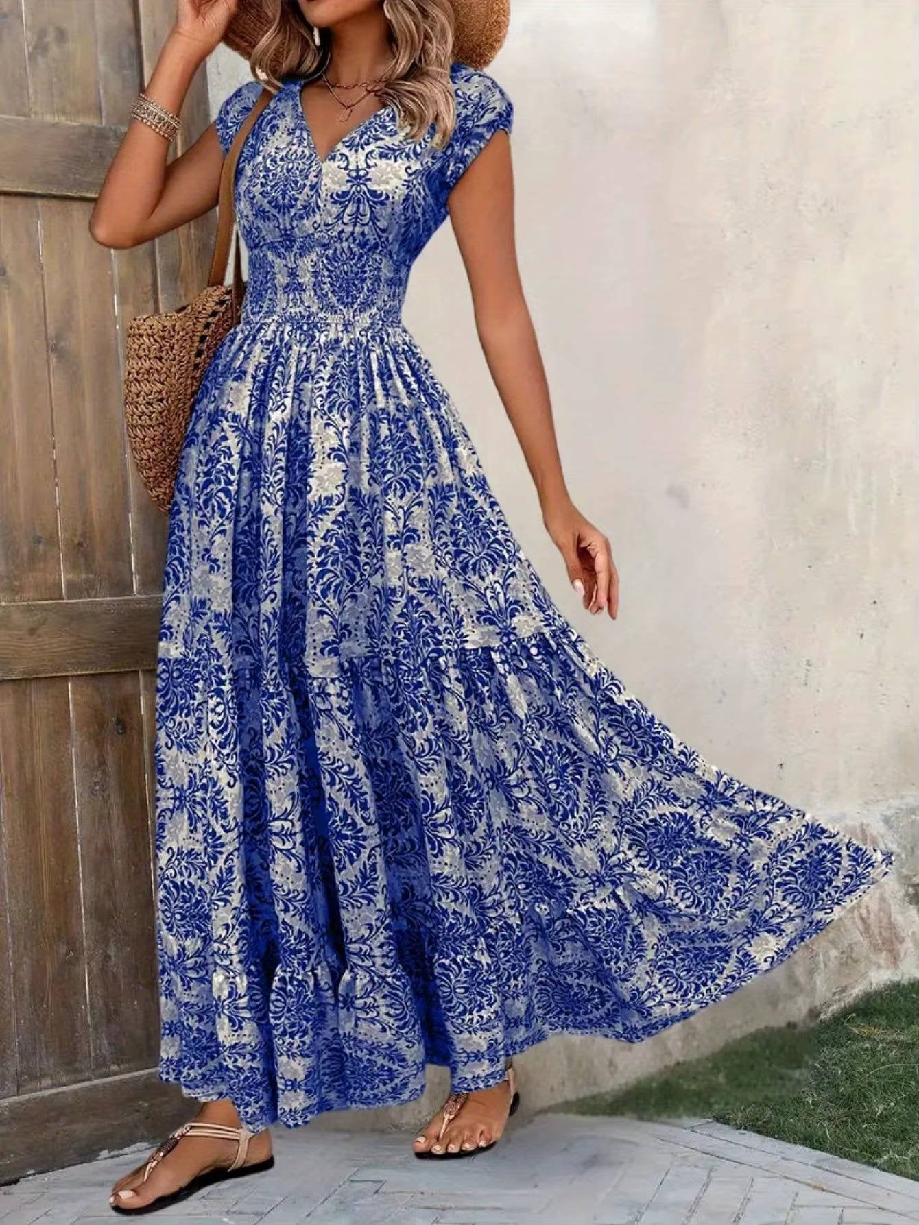 Boho Maxi Dress Smocked Waist Tiered V-Neck Print - Royal blue