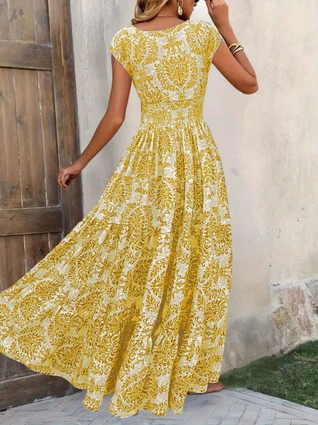 Boho Maxi Dress Smocked Waist Tiered V-Neck Print - Gold