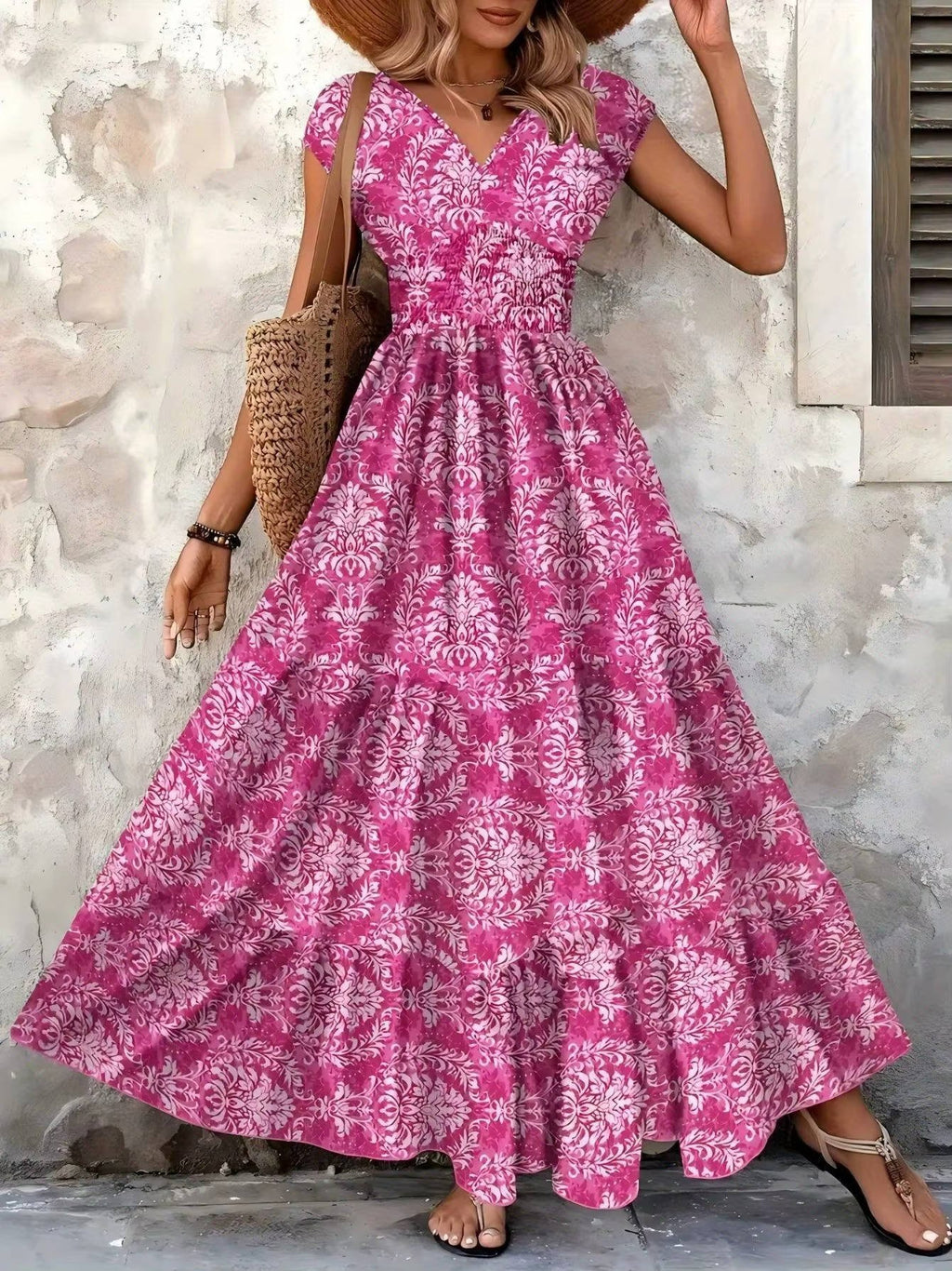 Boho Maxi Dress Smocked Waist Tiered V-Neck Print - Rose red