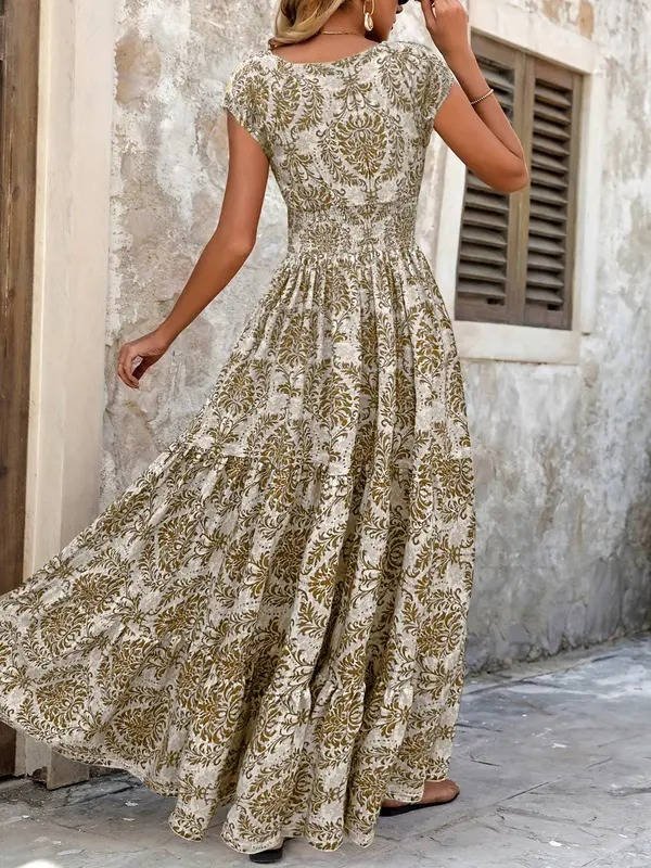 Boho Maxi Dress Smocked Waist Tiered V-Neck Print