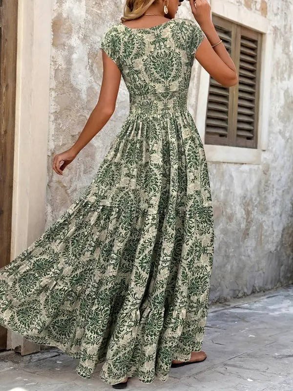 Boho Maxi Dress Smocked Waist Tiered V-Neck Print