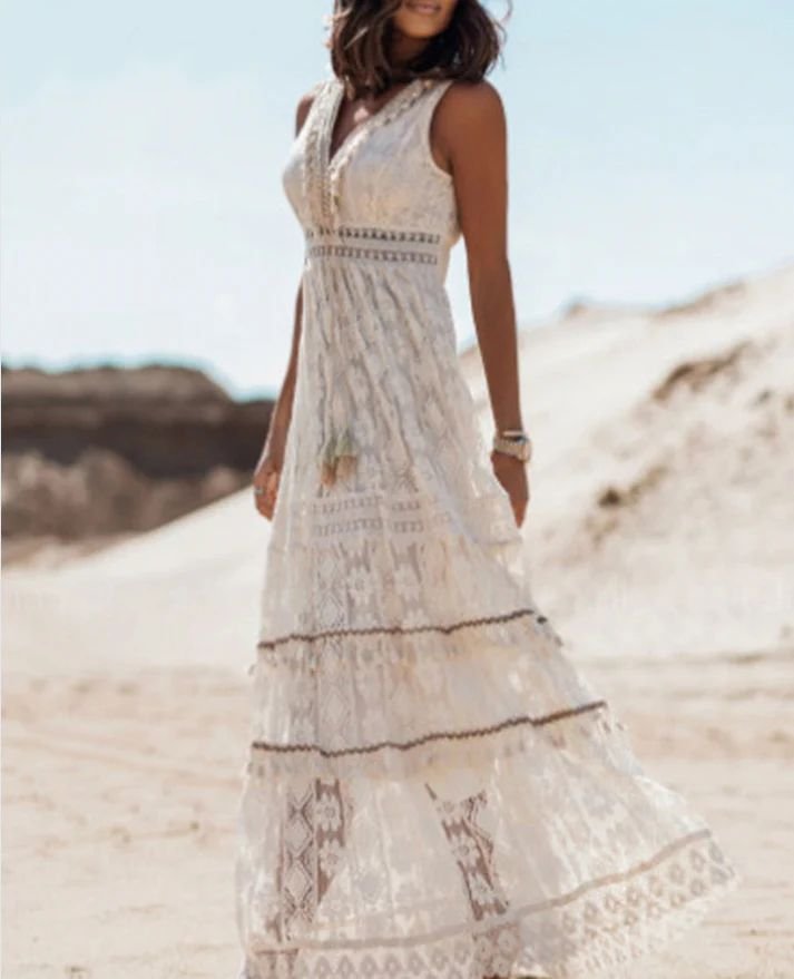 Boho Maxi Dress V-Neck Flowy Draped Tassel Waist