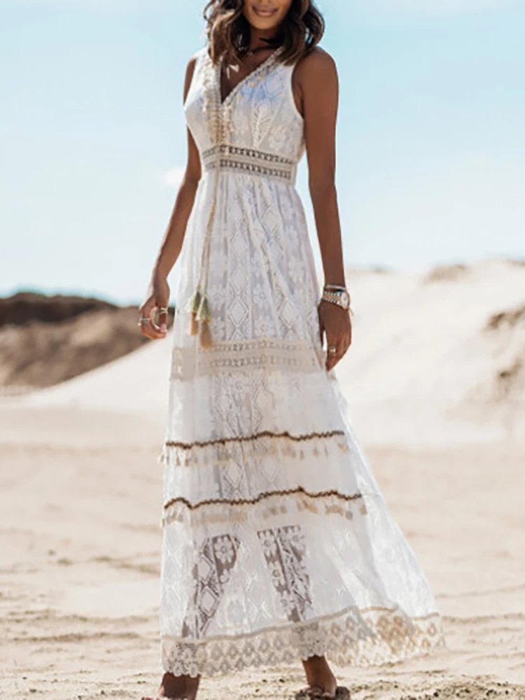Boho Maxi Dress V-Neck Flowy Draped Tassel Waist