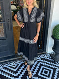 Boho Maxi Dress V-Neck Flowy Loose Fit Tummy Control - Black