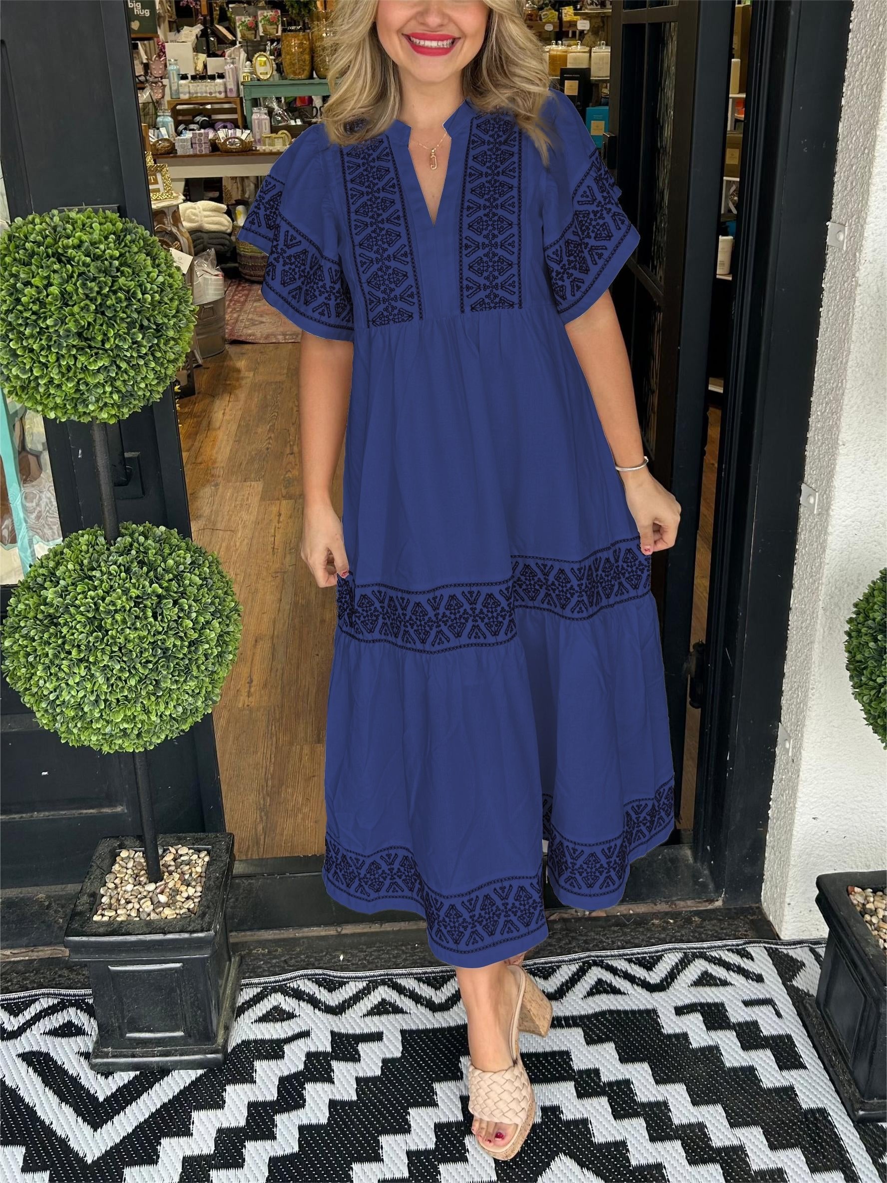 Boho Maxi Dress V-Neck Flowy Loose Fit Tummy Control - Navy Blue