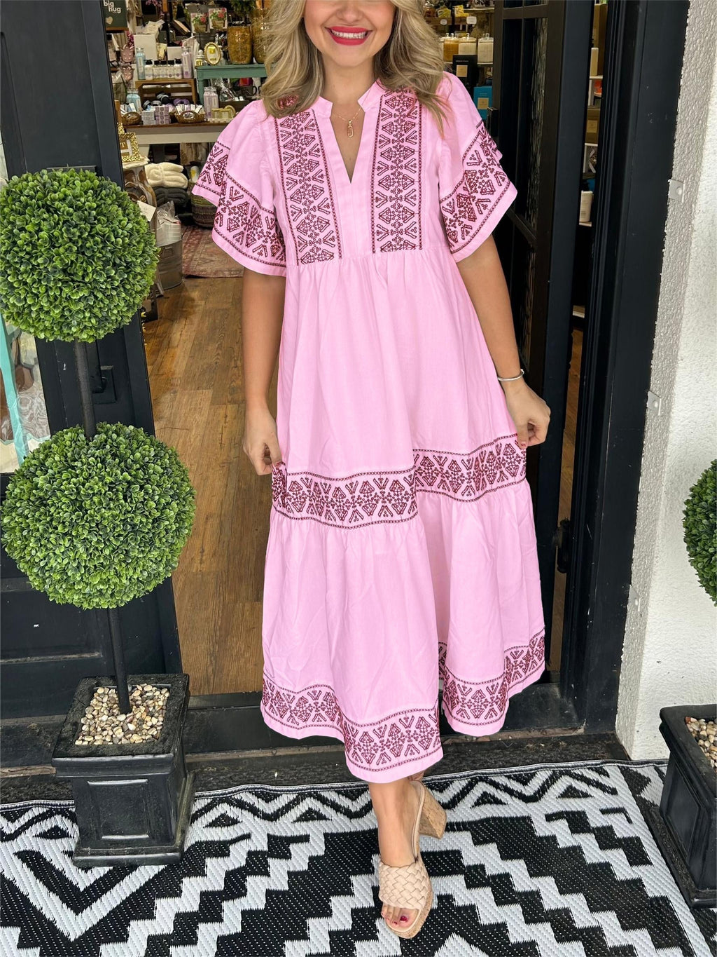 Boho Maxi Dress V-Neck Flowy Loose Fit Tummy Control - Pink