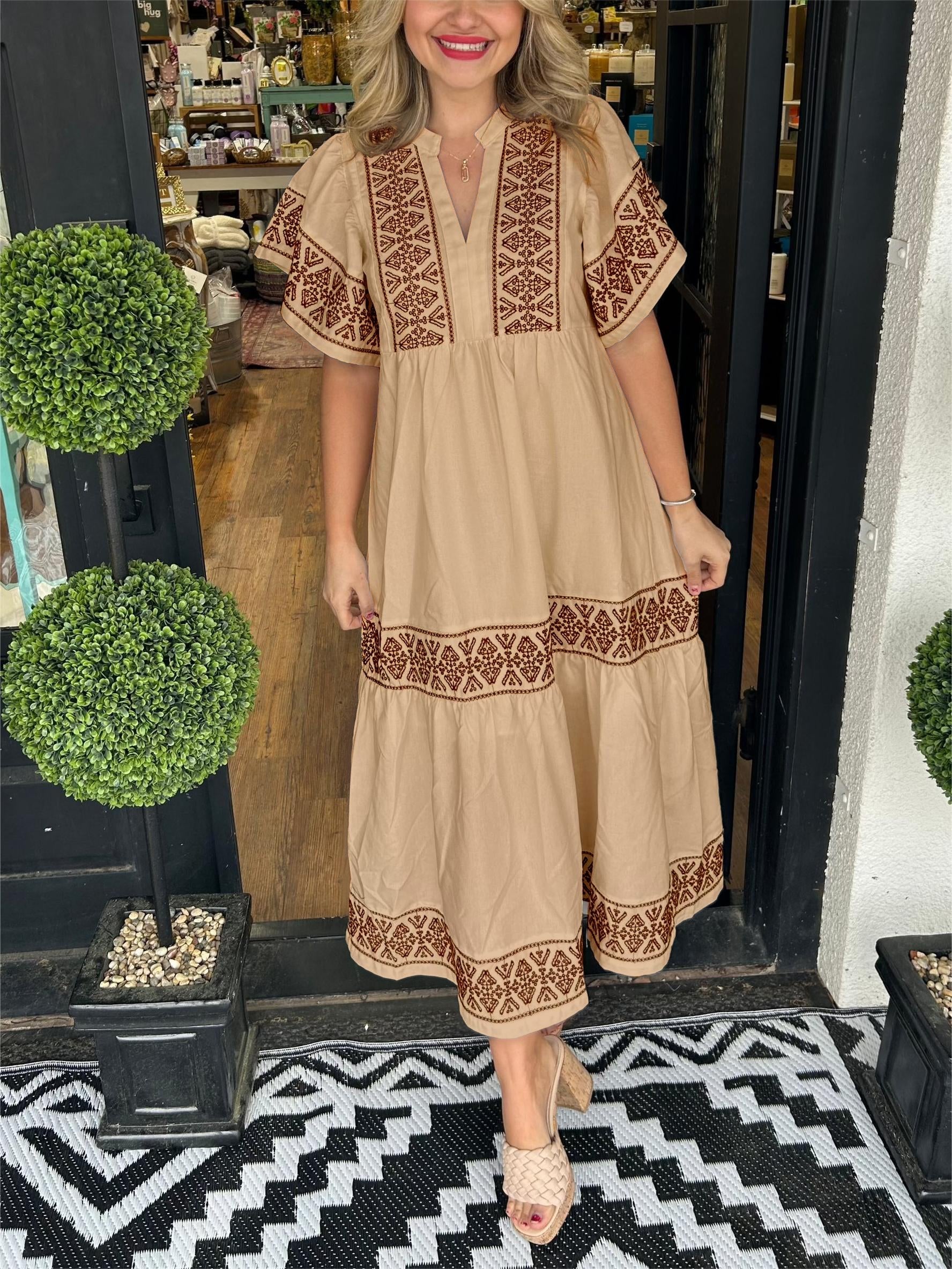 Boho Maxi Dress V-Neck Flowy Loose Fit Tummy Control - Mocha