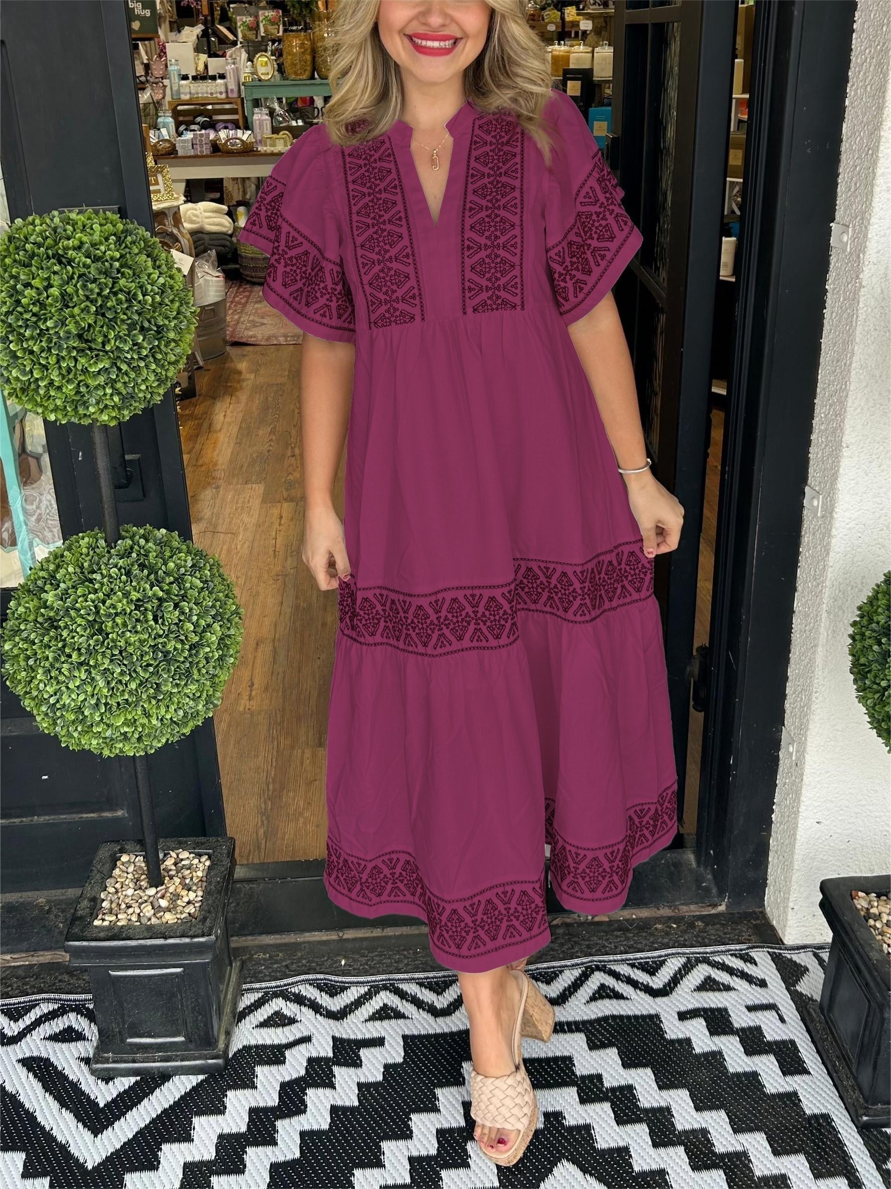 Boho Maxi Dress V-Neck Flowy Loose Fit Tummy Control - Wine Red
