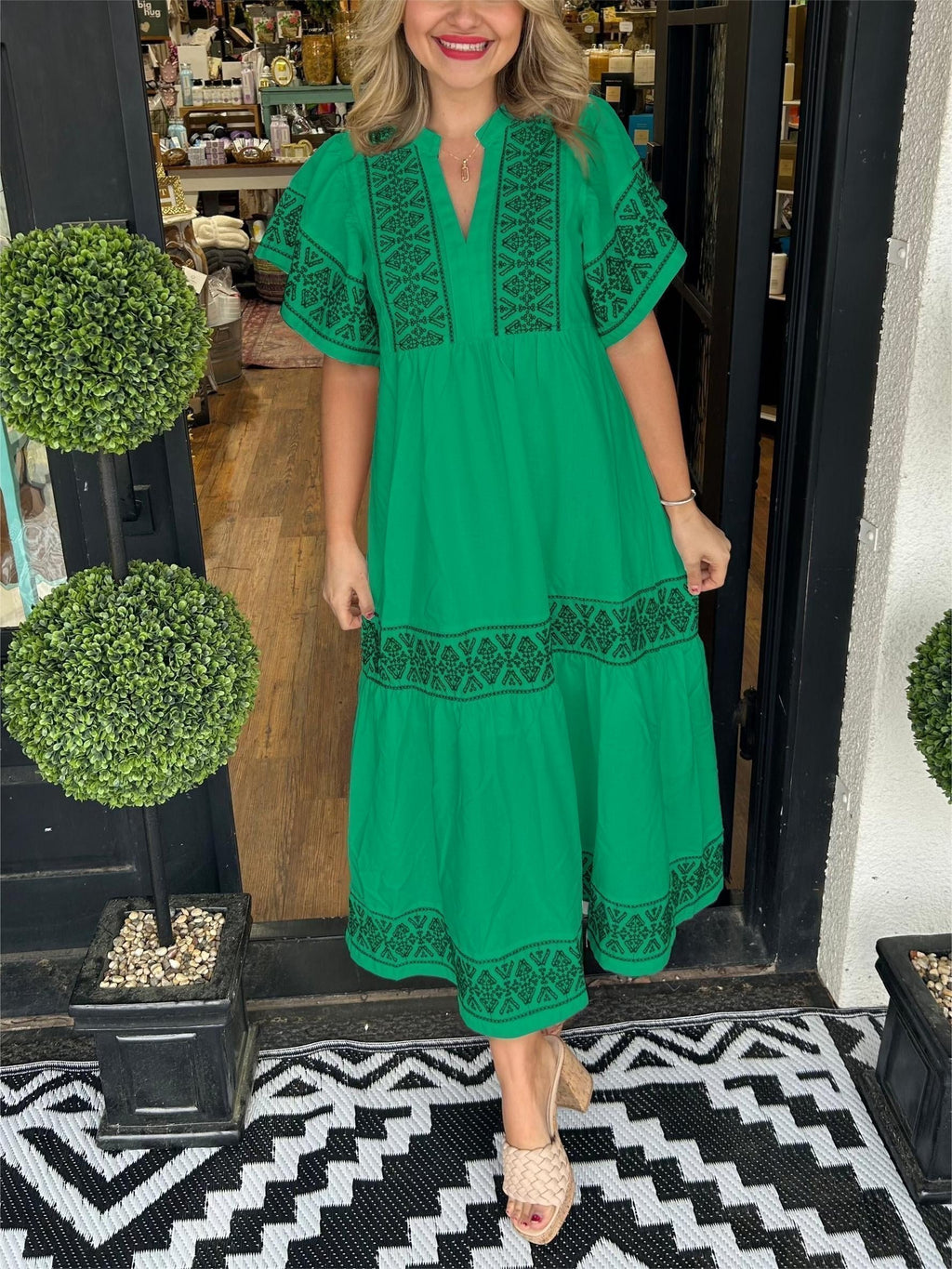 Boho Maxi Dress V-Neck Flowy Loose Fit Tummy Control - Green