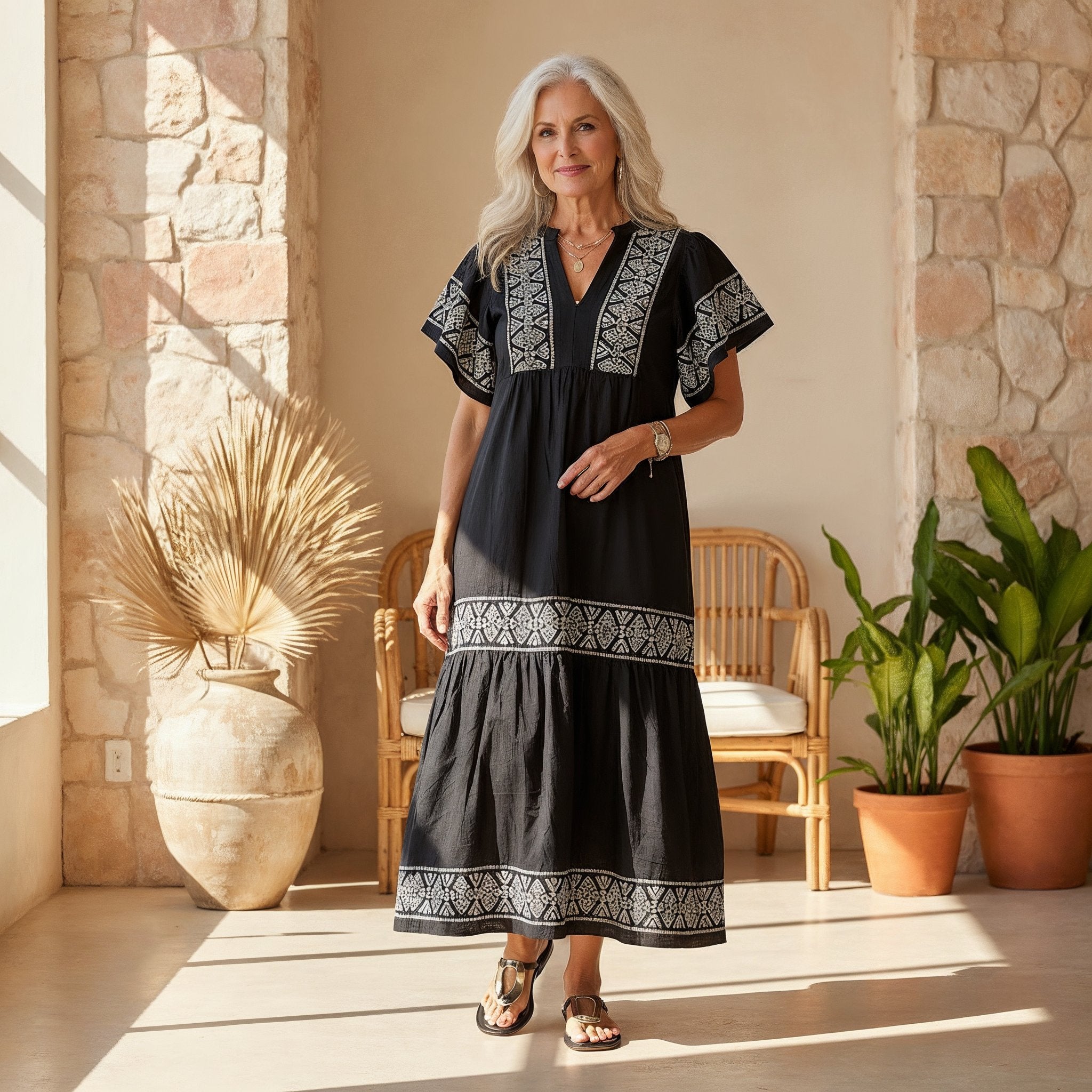 Boho Maxi Dress V-Neck Flowy Loose Fit Tummy Control