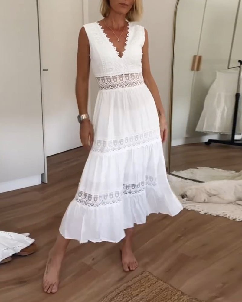 Boho Maxi Dress V-Neck Lace Tiered Sleeveless White