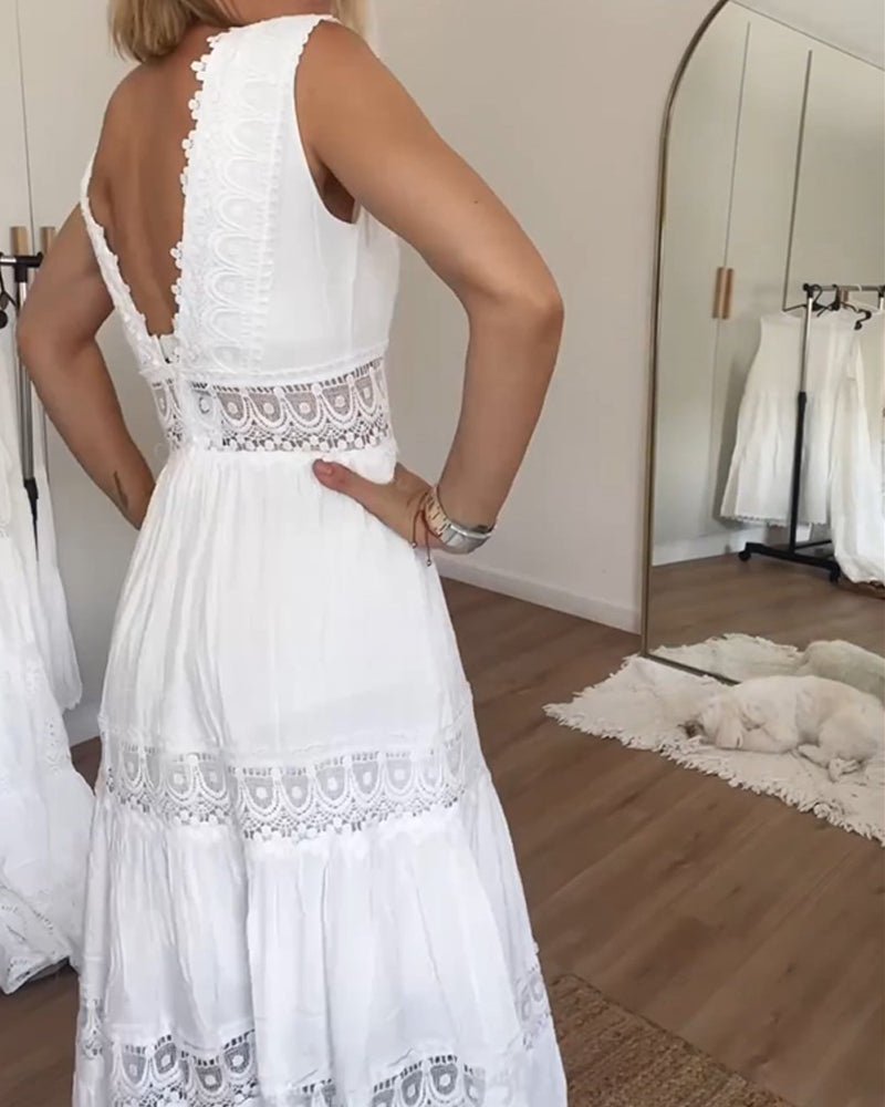 Boho Maxi Dress V-Neck Lace Tiered Sleeveless White