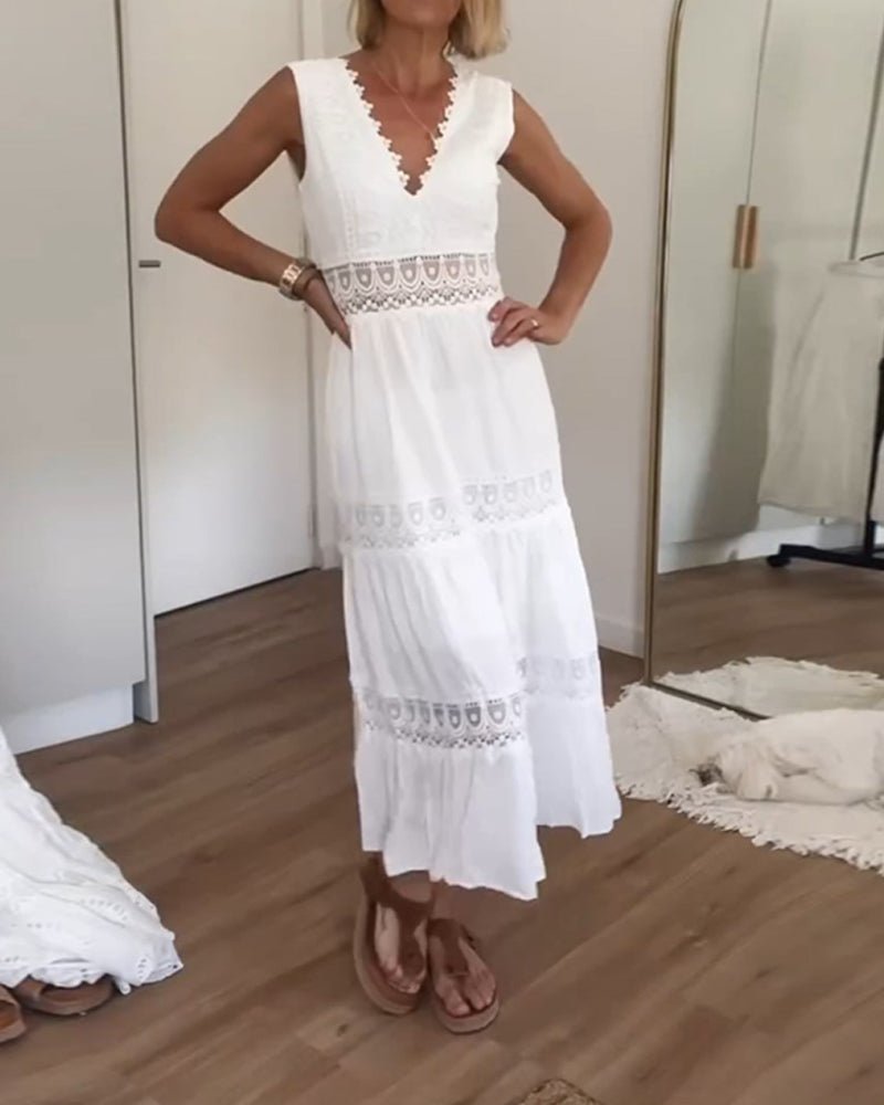 Boho Maxi Dress V-Neck Lace Tiered Sleeveless White - White