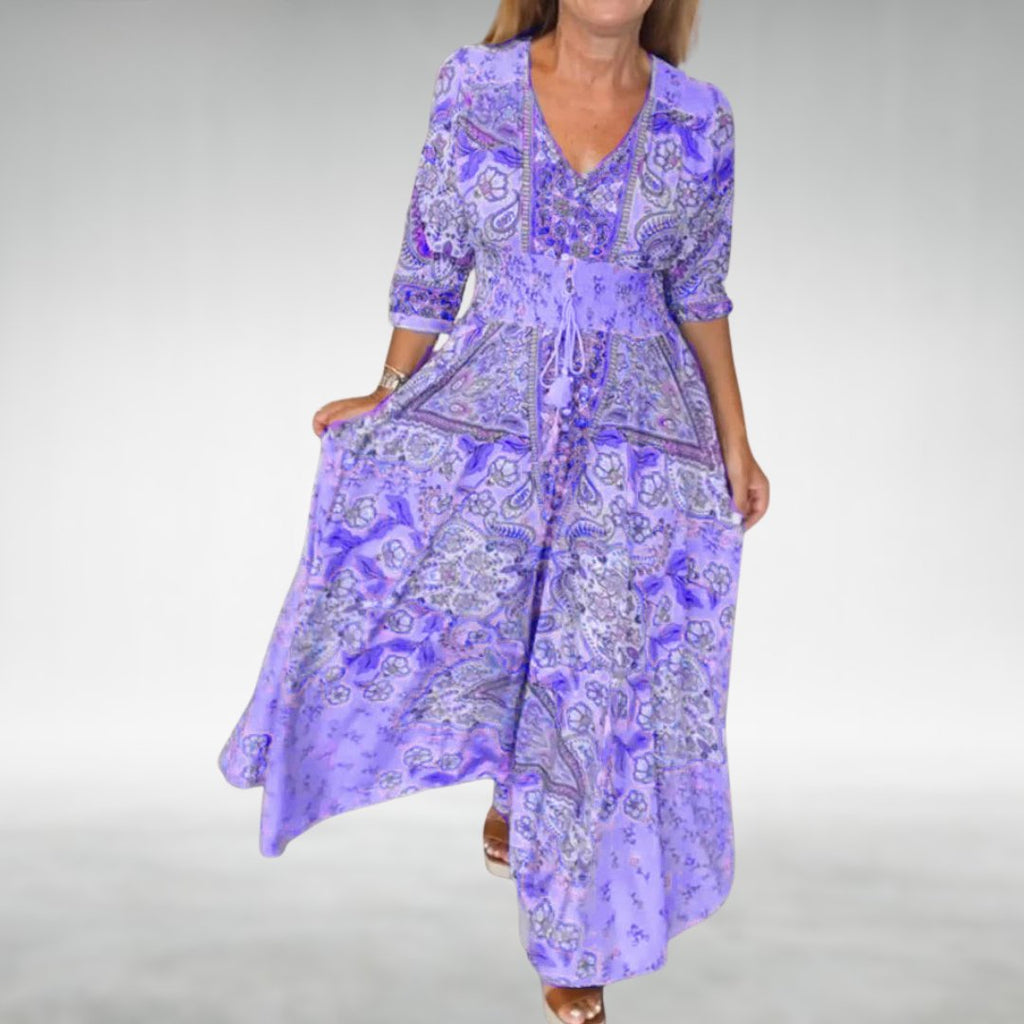 Boho Maxi Dress V-Neck Long Sleeve Flowy Paisley Print - Purple