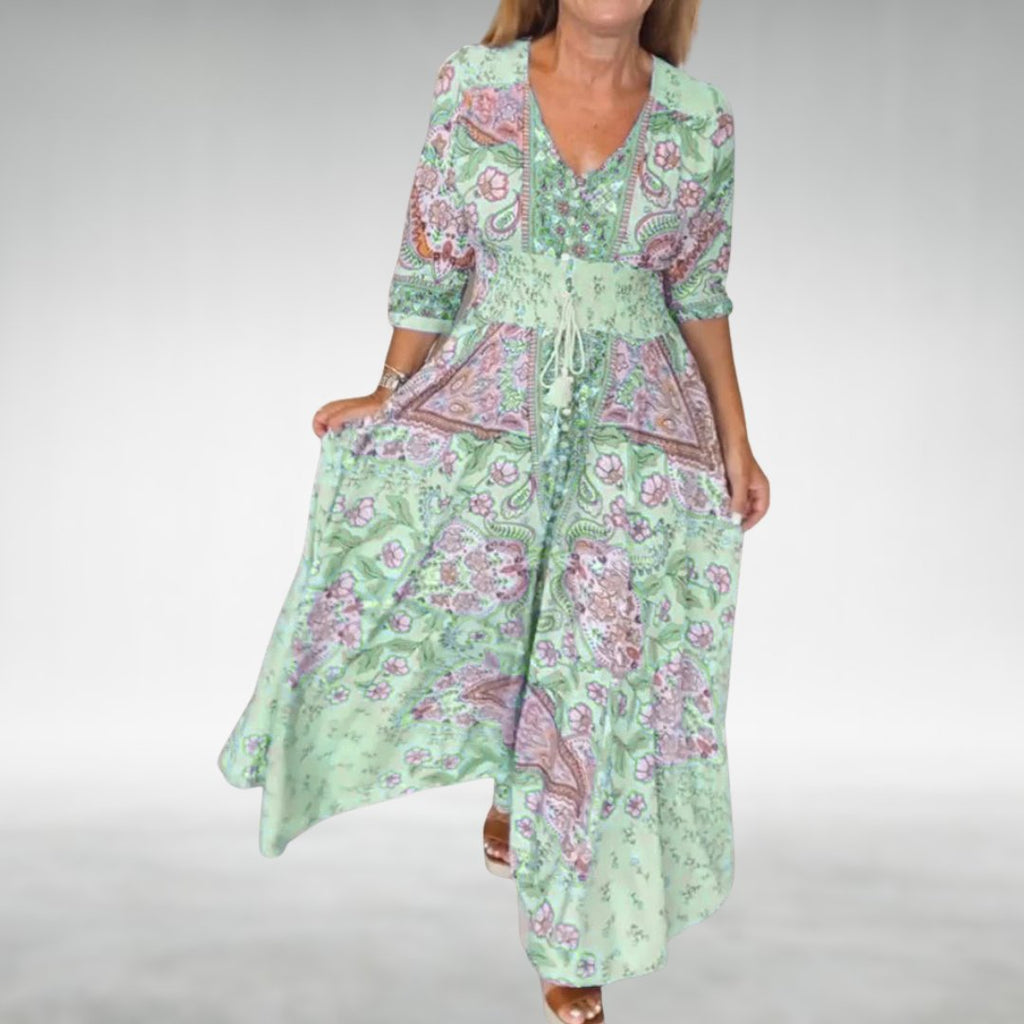 Boho Maxi Dress V-Neck Long Sleeve Flowy Paisley Print - Green