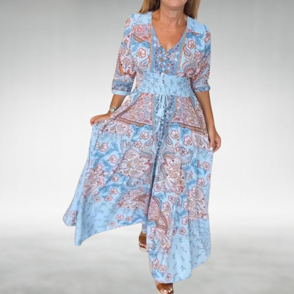 Boho Maxi Dress V-Neck Long Sleeve Flowy Paisley Print - Sky Blue