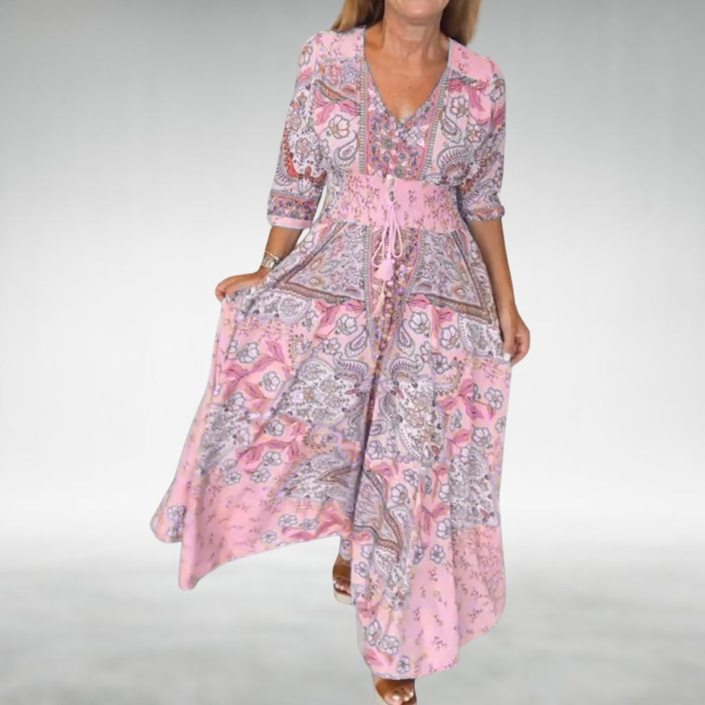 Boho Maxi Dress V-Neck Long Sleeve Flowy Paisley Print - Pink