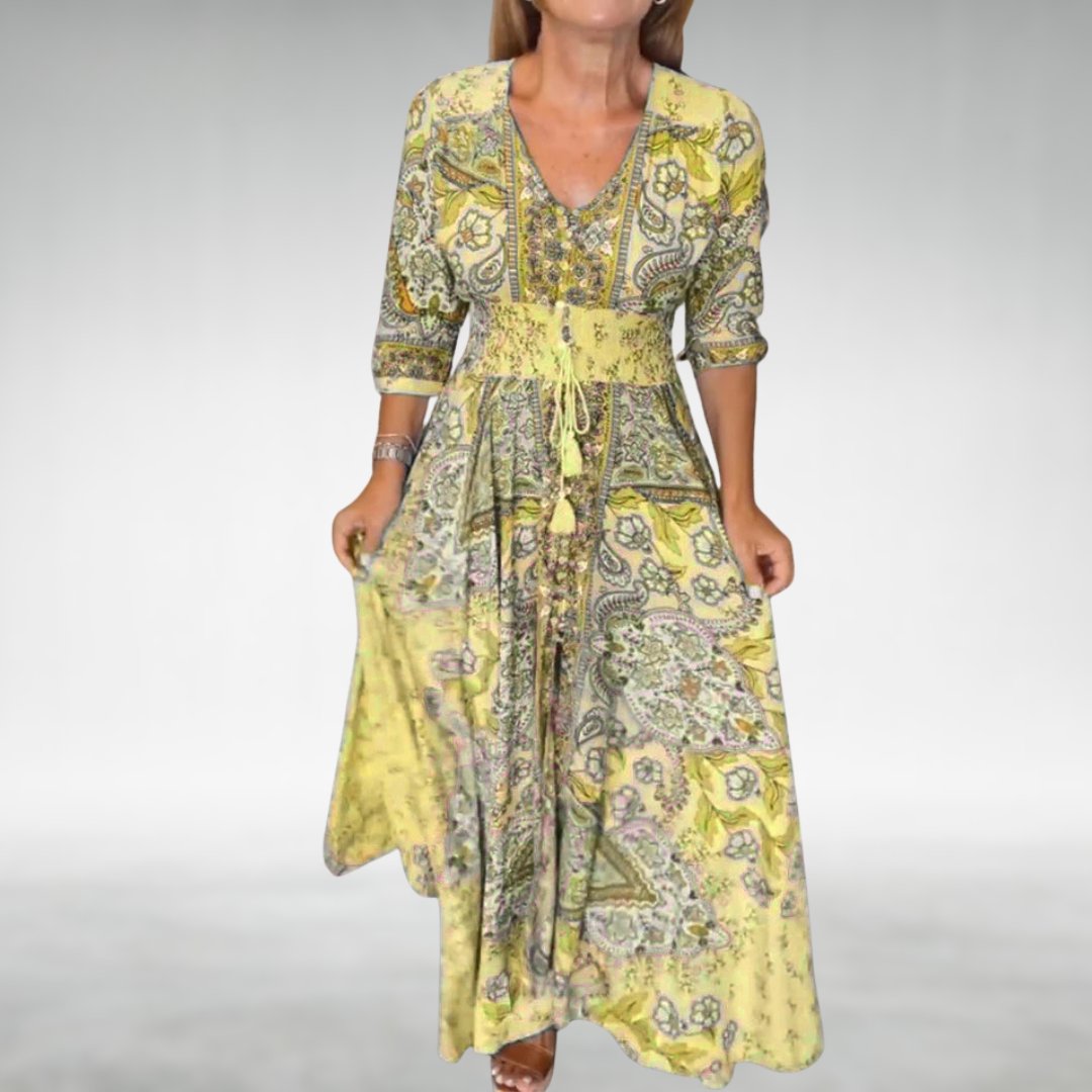 Boho Maxi Dress V-Neck Long Sleeve Flowy Paisley Print - Yellow