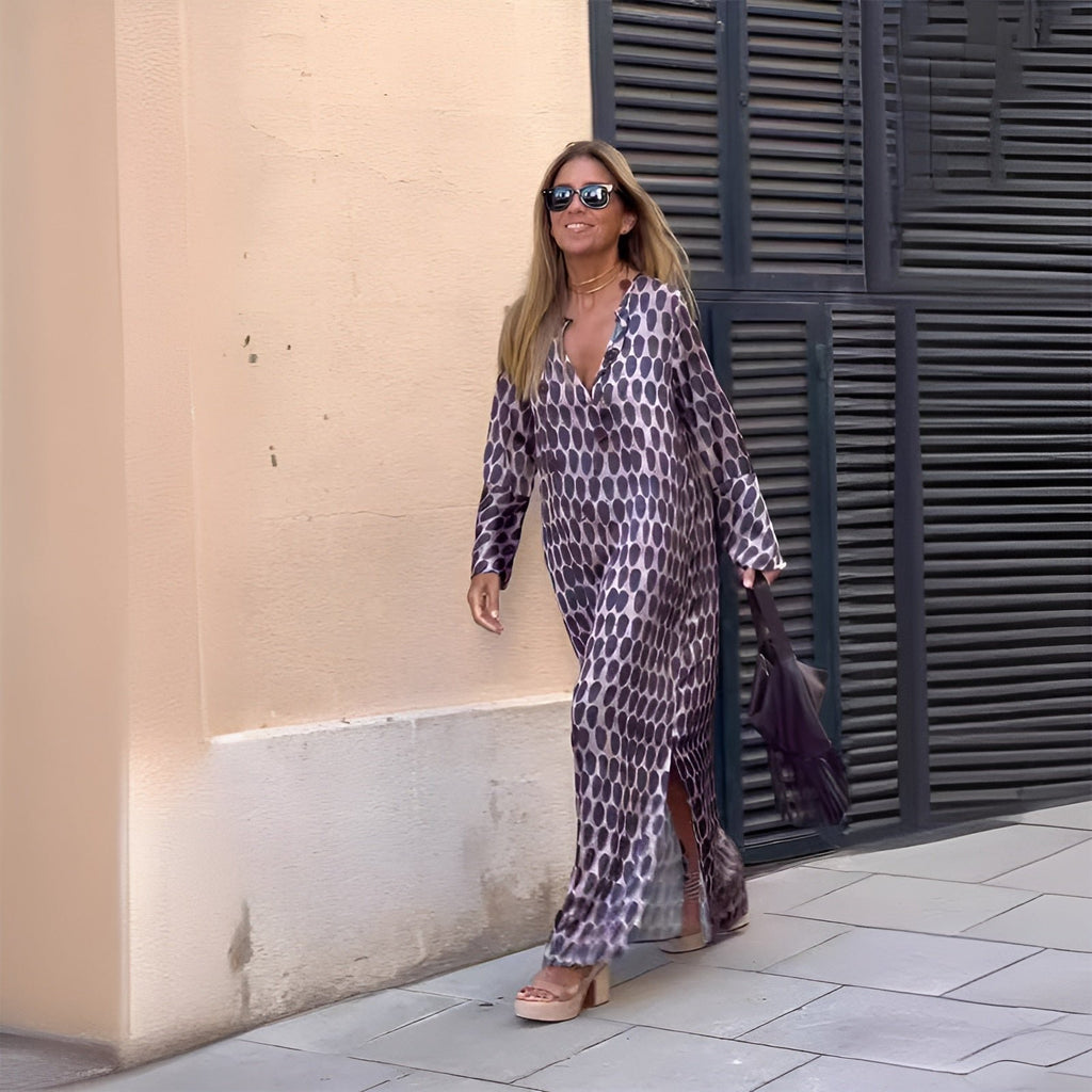 Boho Maxi Dress V-Neck Long Sleeve Flowy Summer Casual - Purple