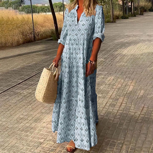 Boho Maxi Dress V-Neck Long Sleeve Printed - Light Blue