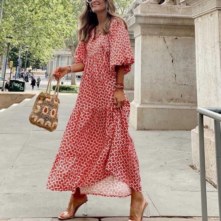 Boho Maxi Dress V-Neck Puff Sleeve Geometric Print