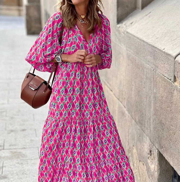 Boho Maxi Dress V-Neck Puff Sleeve Geometric Print