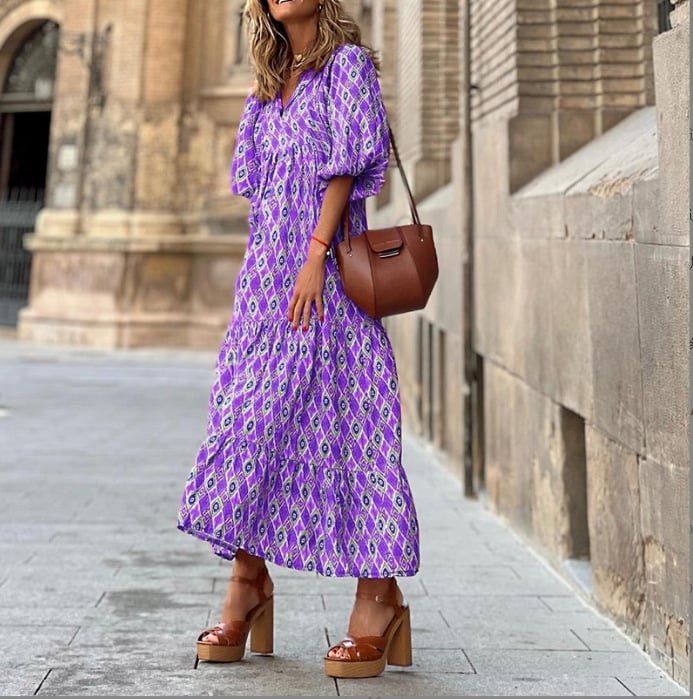 Boho Maxi Dress V-Neck Puff Sleeve Geometric Print