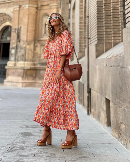 Boho Maxi Dress V-Neck Puff Sleeve Geometric Print