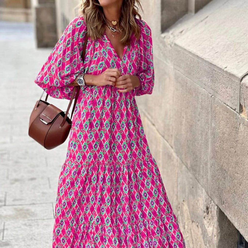 Boho Maxi Dress V-Neck Puff Sleeve Geometric Print - Fuchsia