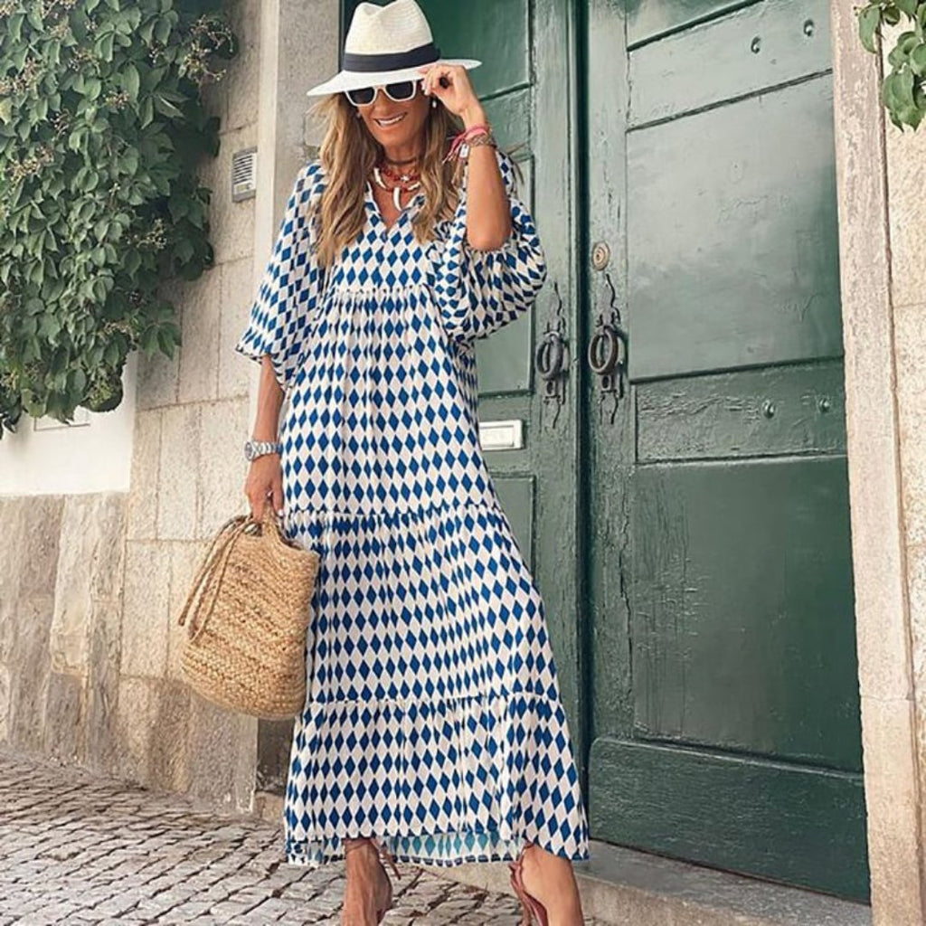 Boho Maxi Dress V-Neck Puff Sleeve Geometric Print - Blue