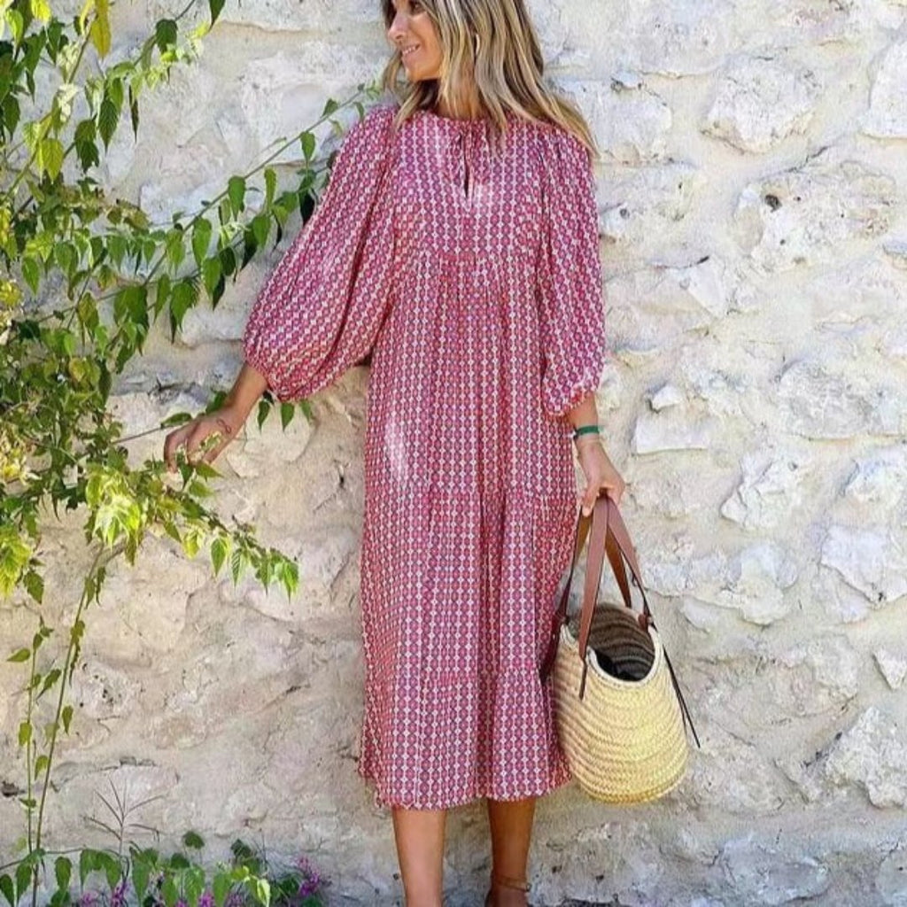Boho Maxi Dress V-Neck Puff Sleeve Geometric Print - Pink