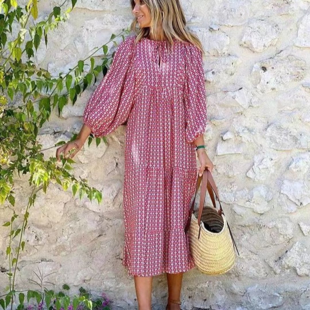 Boho Maxi Dress V-Neck Puff Sleeve Geometric Print - Pink