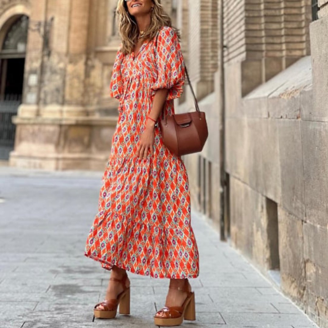 Boho Maxi Dress V-Neck Puff Sleeve Geometric Print