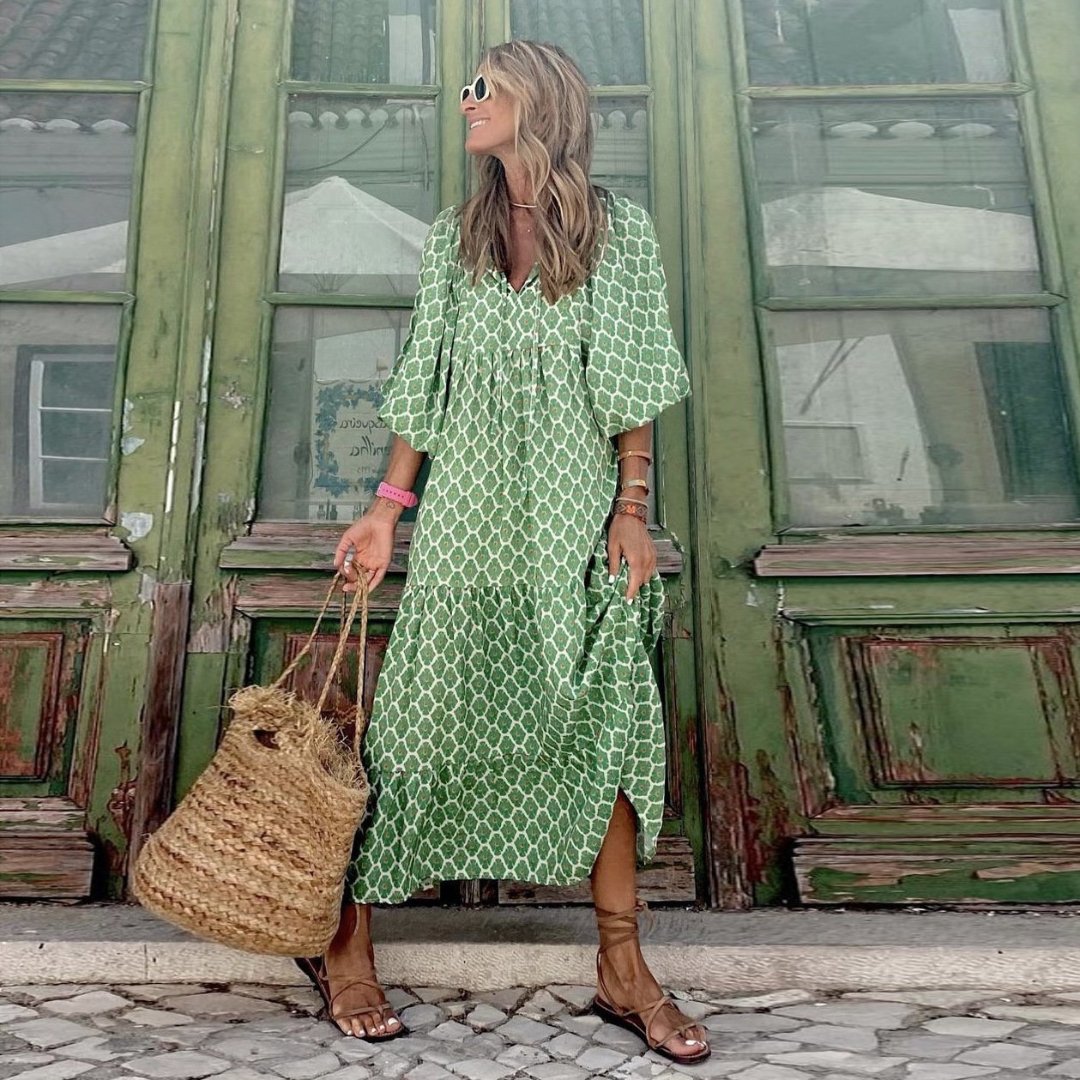 Boho Maxi Dress V-Neck Puff Sleeve Geometric Print - Light Green