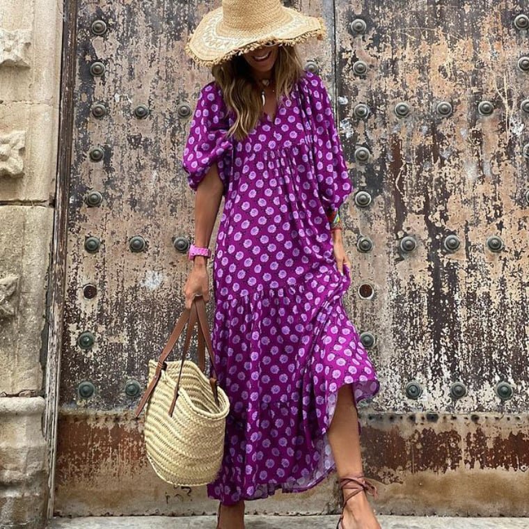 Boho Maxi Dress V-Neck Puff Sleeve Geometric Print