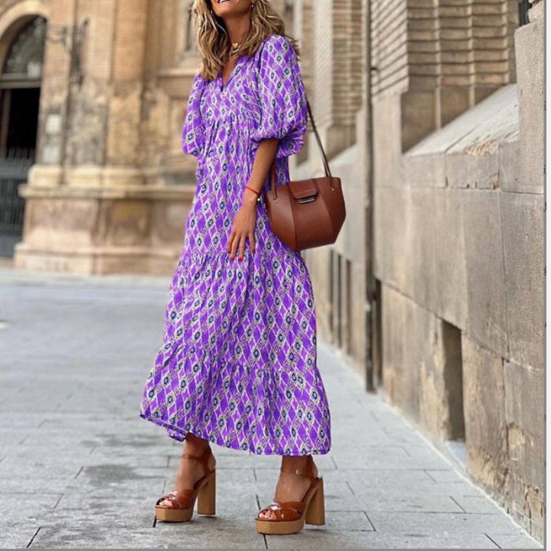 Boho Maxi Dress V-Neck Puff Sleeve Geometric Print